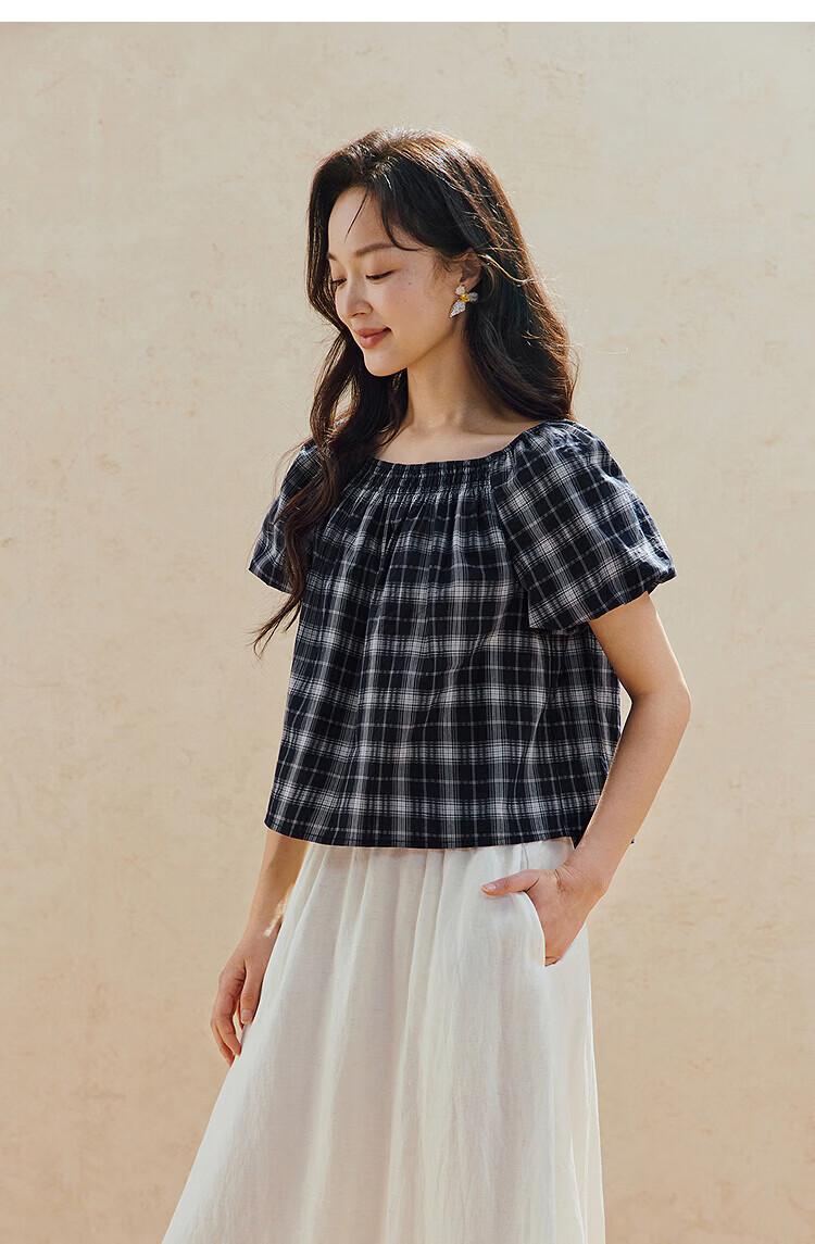 INMAN 100% Xinjiang Cotton Vintage Plaid Lantern Sleeve Shirt 2026 Summer Women's Off-Shoulder Top 12